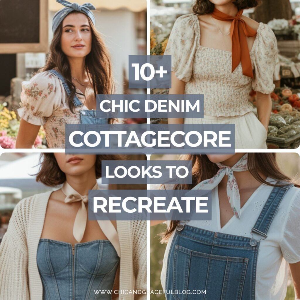 Modern Cottagecore Denim Looks Four denim styled cottagecore outfits with denim overalls and corsets paired with puff sleeve blouses, neck scarves, and cardigans; ideal for modest summer fashion inspiration.
