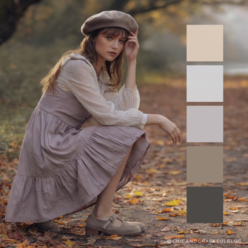 Stone gray, birch white, taupe, and misty mauve fall palette. Romantic, muted colors ideal for soft cottagecore outfits and dreamy woodland vibes.
