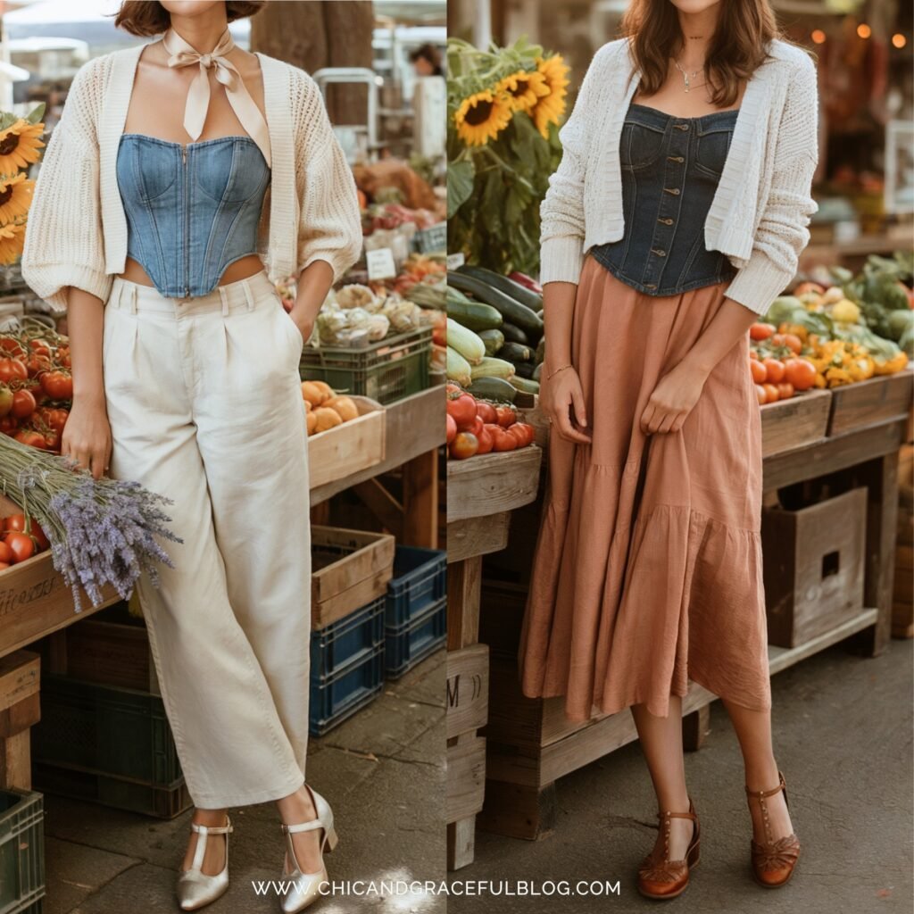 Cottagecore denim corset styled with white wide-leg pants and tiered skirt, paired with knit cardigans at the farmers market