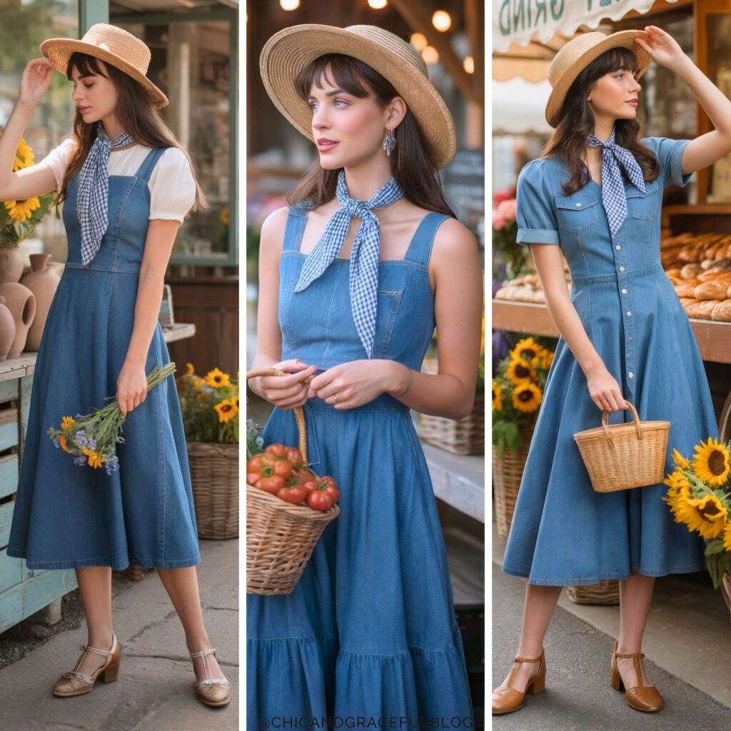 Three modern cottagecore denim outfits you’ll want to recreate styled with straw hats, gingham neck scarves, and vintage accessories like woven baskets and Mary Jane heels — captured in a charming farmer’s market setting.