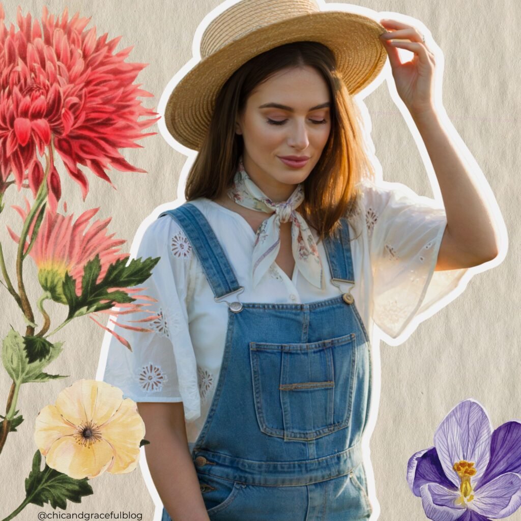 Modern cottagecore outfit with denim overalls, white embroidered blouse, floral neck scarf, and straw hat styled against a floral collage background — perfect blend of rustic charm and chic fashion inspiration