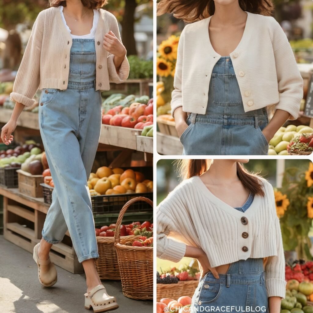 four cottagecore denim overalls with different variations of cream cardigans of modern-cottagecore-denim-looks-to-recreate