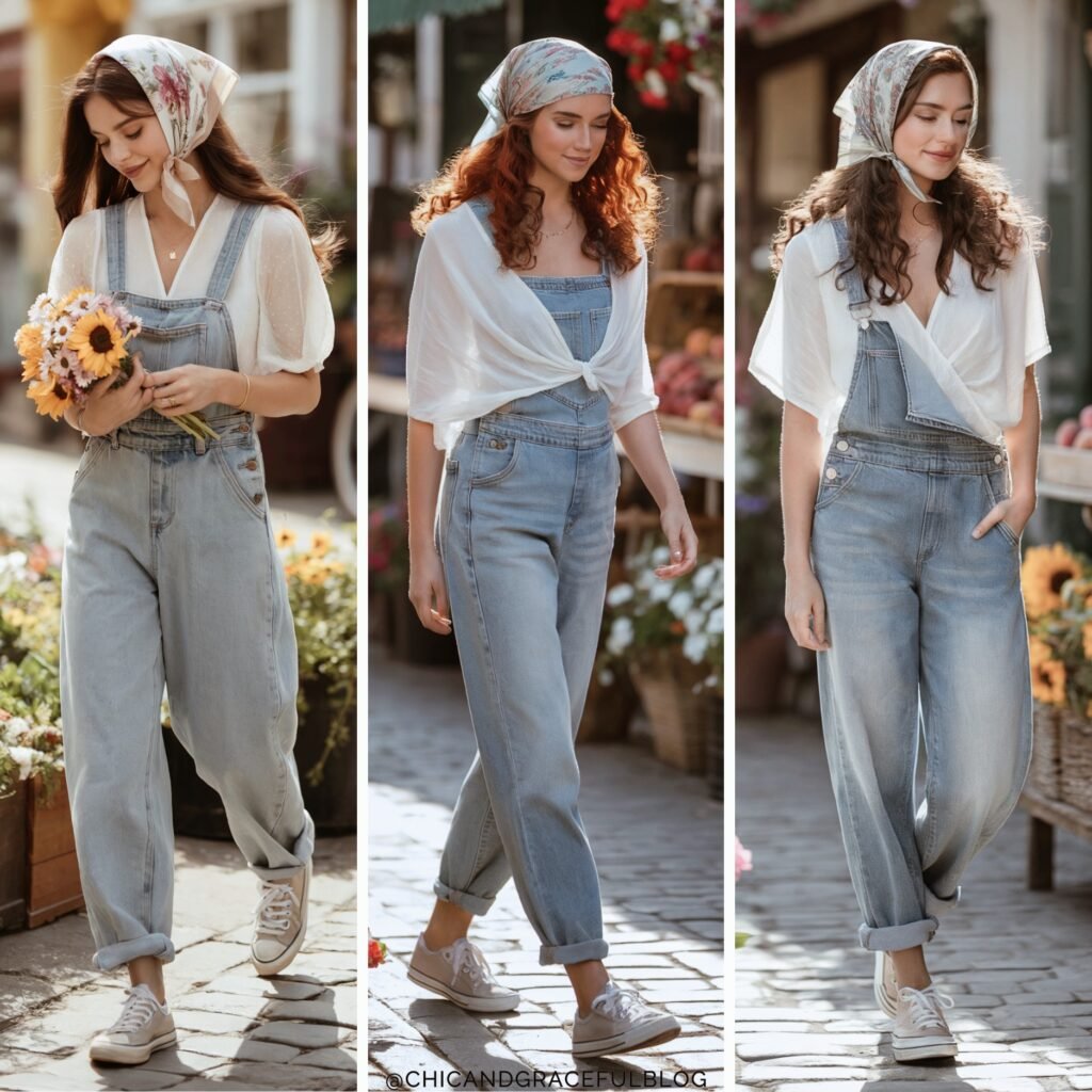 Cottagecore denim overalls styled with white peasant blouses and floral headscarves, walking through a flower market