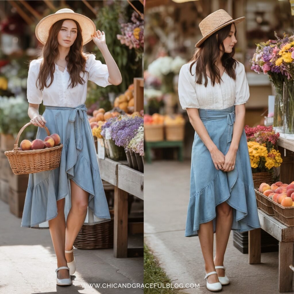 Modern cottagecore denim looks you’ll want to recreate Cottagecore outfit featuring a ruffle hem denim wrap skirt paired with a vintage white puff sleeve blouse and straw hat, styled at a flower and produce market.