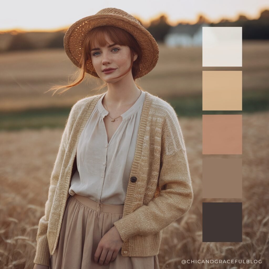 Cottagecore fall color palette in pale gold, oat beige, soft ivory, and muted tan. Inspired by wheat fields and warm farmhouse textures. Perfect for cozy fall outfits and rustic decor.