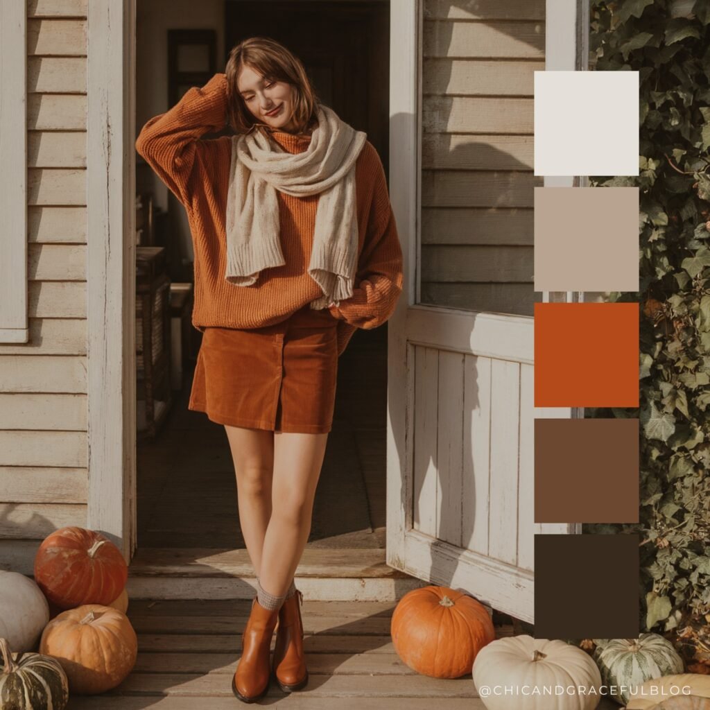 Burnt orange, cinnamon brown, cream, and chestnut color palette for fall cottagecore fashion. Inspired by cozy drinks, knitwear, and rustic farmhouse settings