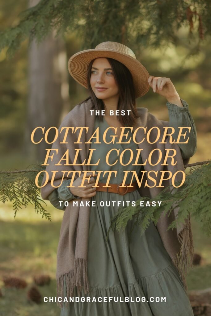 Woman in a sage green cottagecore fall dress with a wide straw hat and cozy shawl, styled in warm autumn colors. Perfect inspiration for cottagecore fall outfit ideas, color palettes, and seasonal wardrobe planning