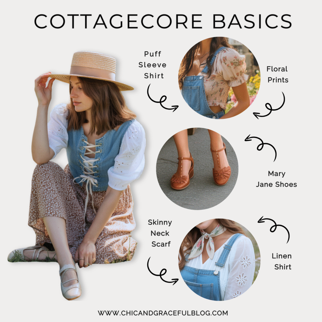Woman in a denim lace-up corset with floral puff sleeve blouse and prairie skirt; close-ups of skinny neck scarf, floral prints, and vintage T-strap shoes emphasize key cottagecore details of modern-cottagecore-denim-looks-to-recreate