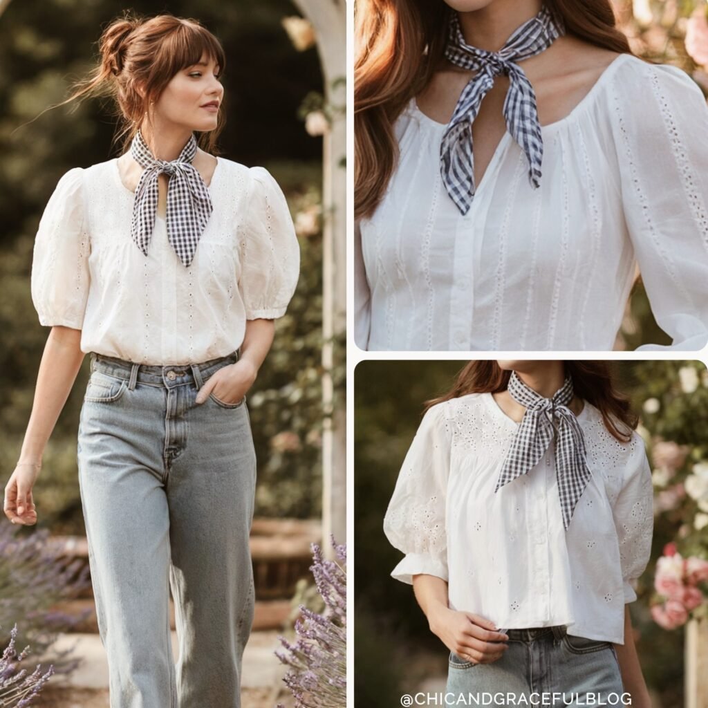 Modern cottagecore denim looks you’ll want to recreate Soft cottagecore outfit featuring a white puff sleeve eyelet blouse styled with a gingham neck scarf and high-waisted denim jeans. Close-up shots highlight the delicate embroidery and neckline details, creating a nostalgic, feminine vibe.