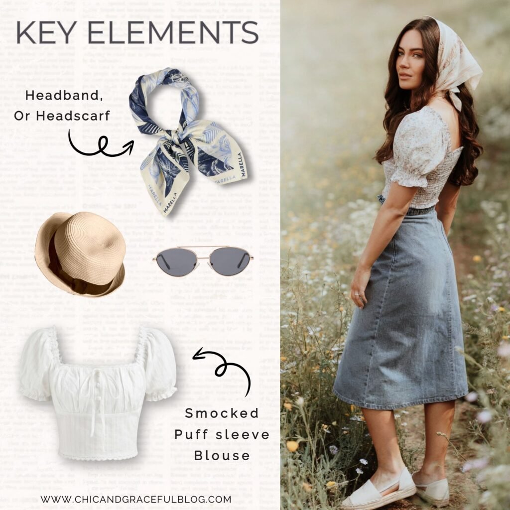 Denim Outfit Ideas to Recreate Woman in a smocked puff sleeve blouse and denim midi skirt styled with espadrilles and a headscarf; cottagecore outfit flat lay included with accessories like a scarf, sunglasses, and hat.