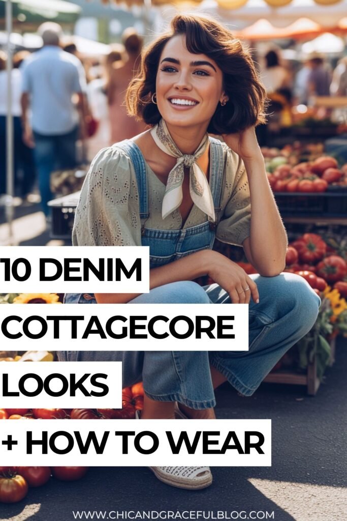 Modern Cottagecore Denim Looks Pinterest hero pin for blog post titled '10 Denim Cottagecore Looks + How to Wear Them,' featuring a smiling woman in overalls and a puff sleeve blouse at a farmers market. Modern Cottagecore Denim Looks Outfit Ideas You’ll Want to Recreate