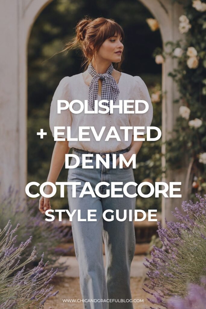 Pinterest pin cover for a denim cottagecore fashion guide featuring a woman in a puff sleeve eyelet blouse, gingham neck scarf, and wide-leg jeans walking through a lavender garden. Overlay text reads “Polished + Elevated Denim Cottagecore Style Guide".