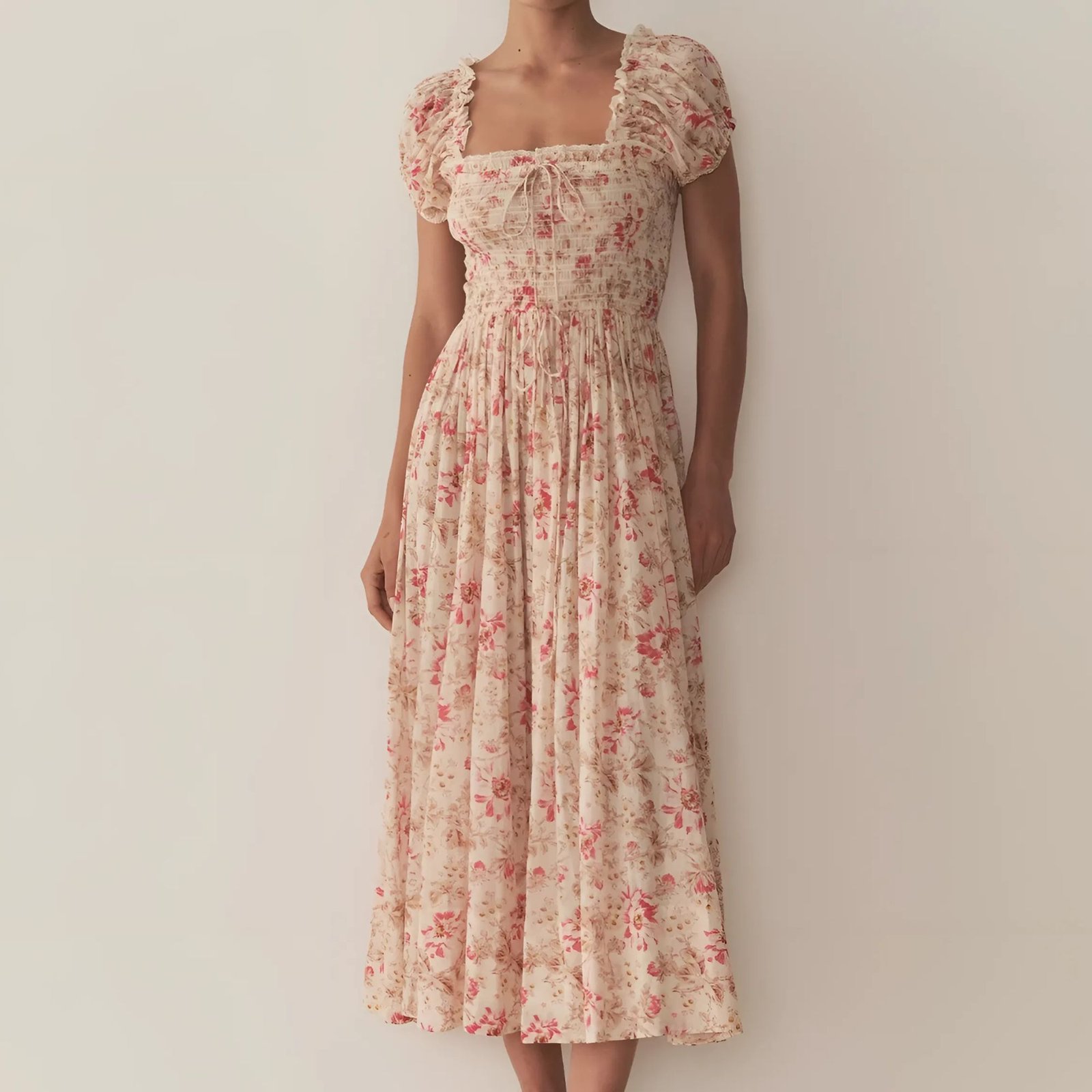 DÔEN floral smocked midi dress with puff sleeves, vintage-inspired cottagecore style
