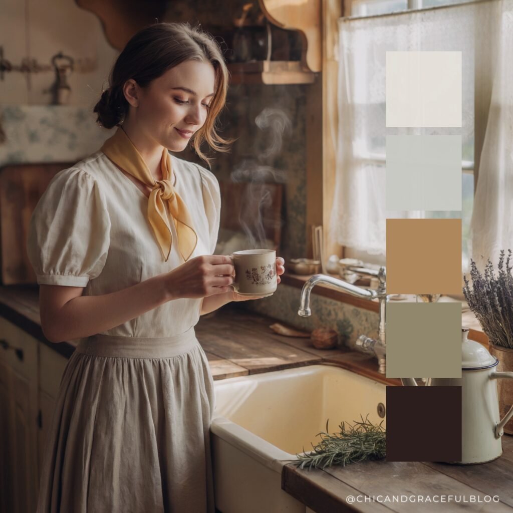 Maple brown, muted caramel, off-white, and leaf green fall color palette. Rich earthy tones inspired by forest walks and cozy cottagecore style.