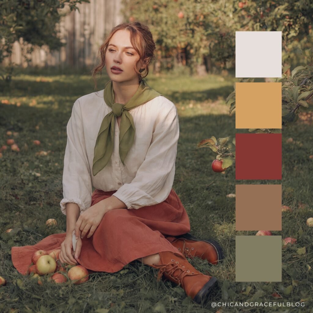Apple red, soft moss green, cream, and muted rust fall color palette. Inspired by orchard scenes and vintage cottagecore fall fashion.