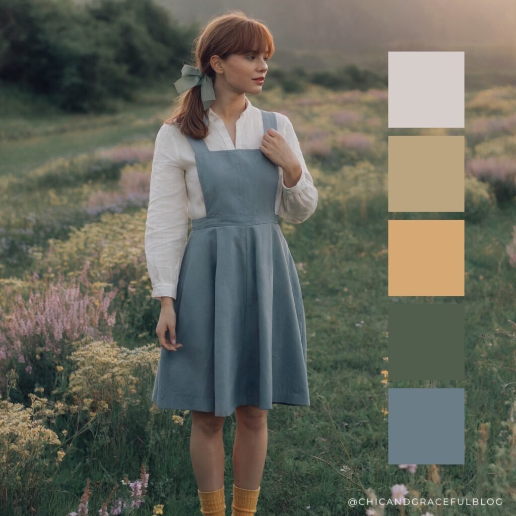 Dusty blue, butter yellow, faded sage, and white linen fall palette. Delicate and airy tones for soft girl cottagecore outfits and prairie-inspired aesthetics.