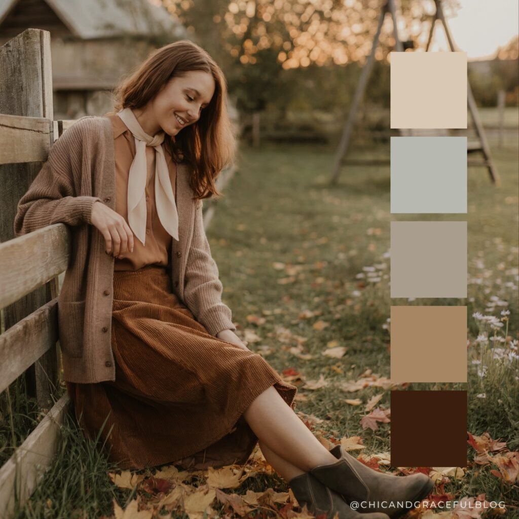 Warm fall color palette in chestnut brown, oatmeal beige, cream wool, and soft charcoal. Cozy rustic hues for farmhouse cottagecore outfits and decor