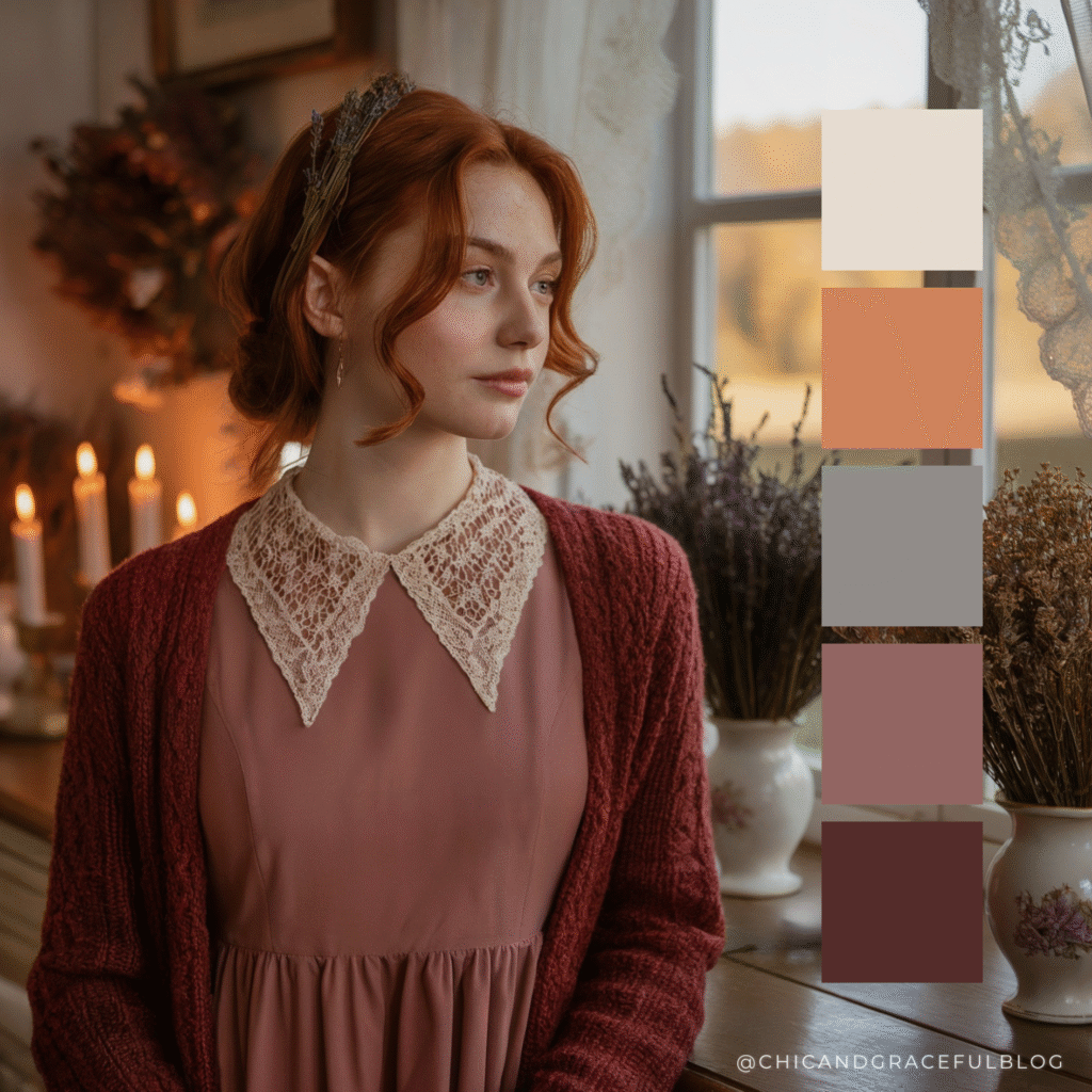 Fall cottagecore color palette in dusty rose, cranberry red, antique ivory, and soft gray. Romantic vintage tones ideal for cozy outfits and feminine autumn styling