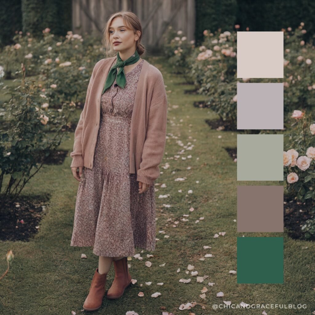 Cottagecore fall palette in blush, faded mauve, fern green, and terracotta. Soft, earthy colors inspired by overgrown gardens and nostalgic autumn fashion.