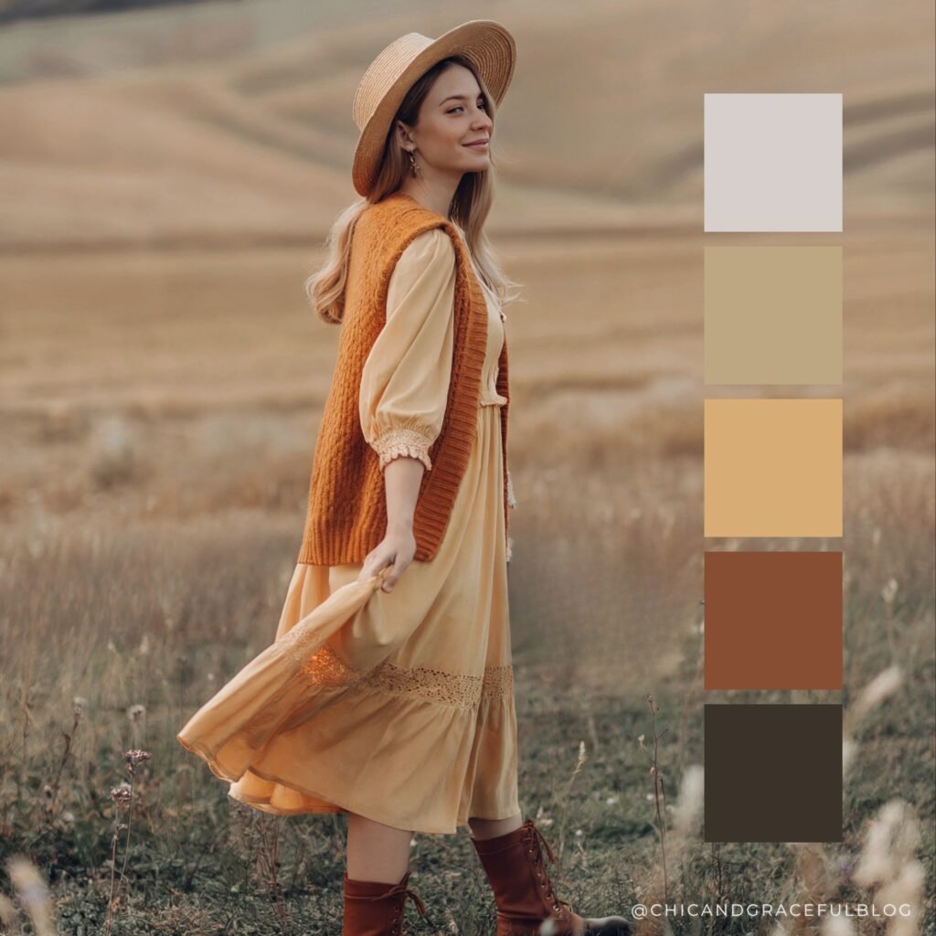 Golden wheat, amber yellow, pumpkin orange, and rustic brown fall color palette. Warm and vibrant farmhouse chic hues for cottagecore styling.