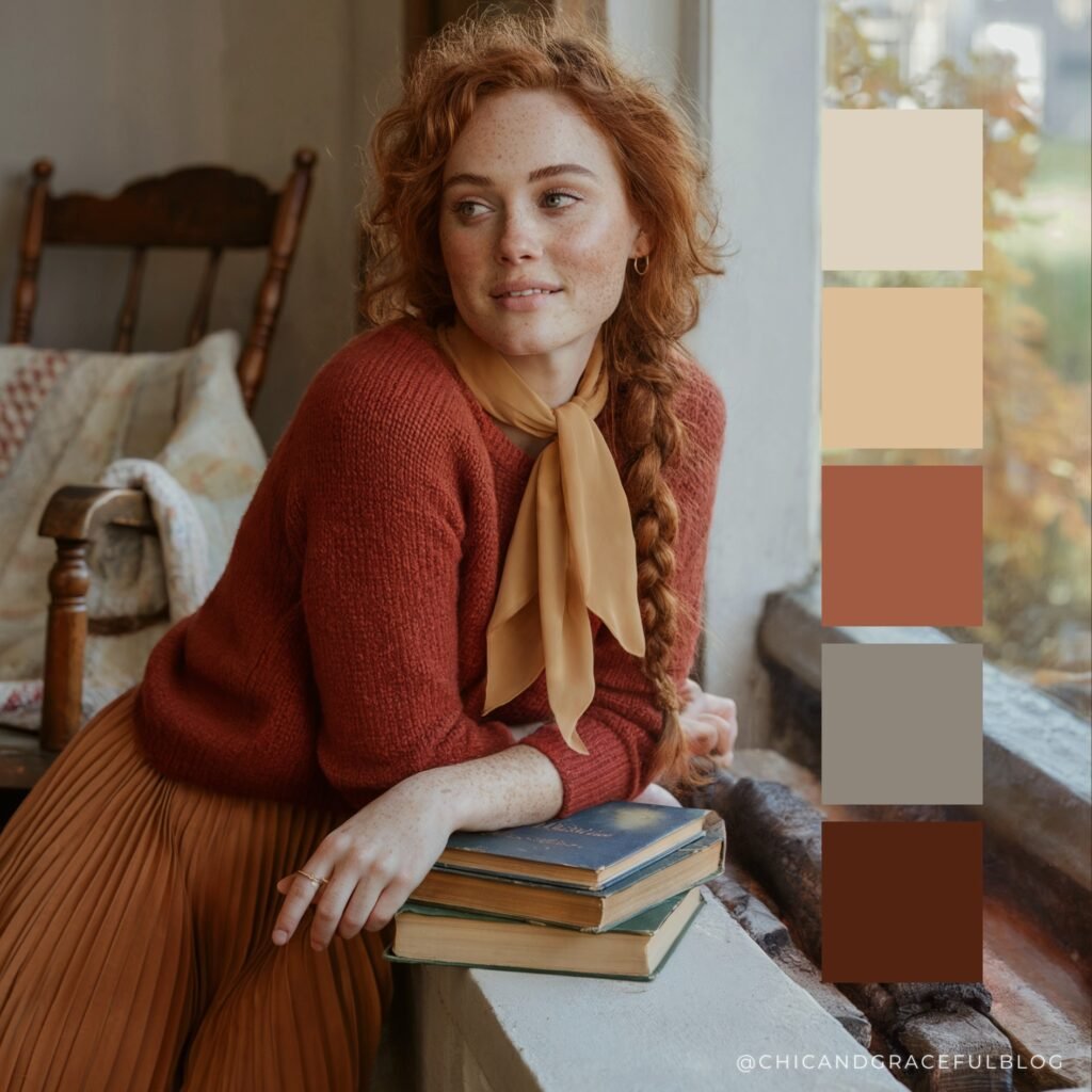 Autumn palette of ember red, warm terracotta, golden beige, and soot gray. Inspired by cottage fireplaces and farmhouse coziness.