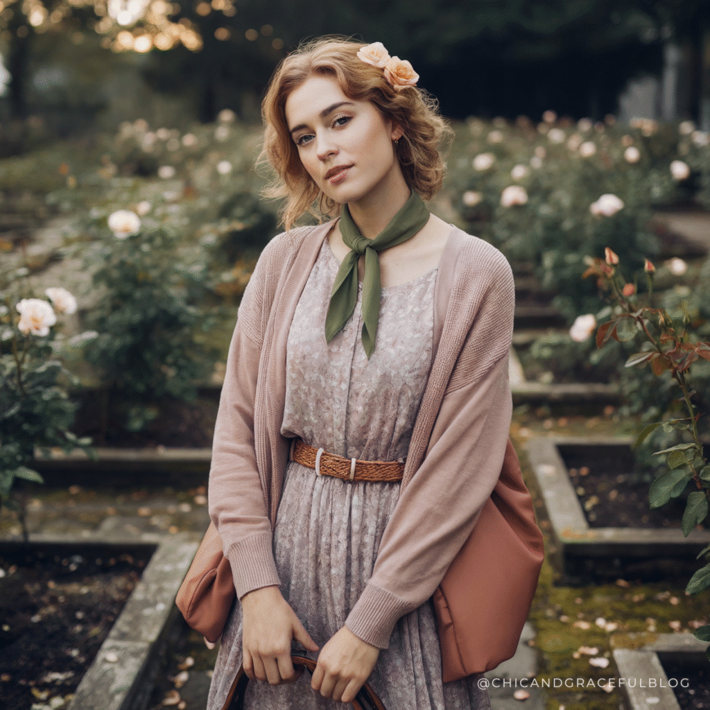 Fall cottagecore color palette hero image featuring a soft romantic outfit in muted sage, rosewood, caramel, and ivory tones. Perfect for autumn fashion inspiration and farmhouse chic aesthetics