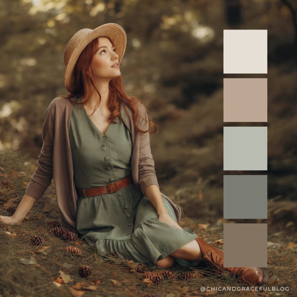 Earthy fall color palette in deep pine green, cedar brown, warm taupe, and ivory. Nature-inspired hues for cottagecore farmhouse chic fashion.