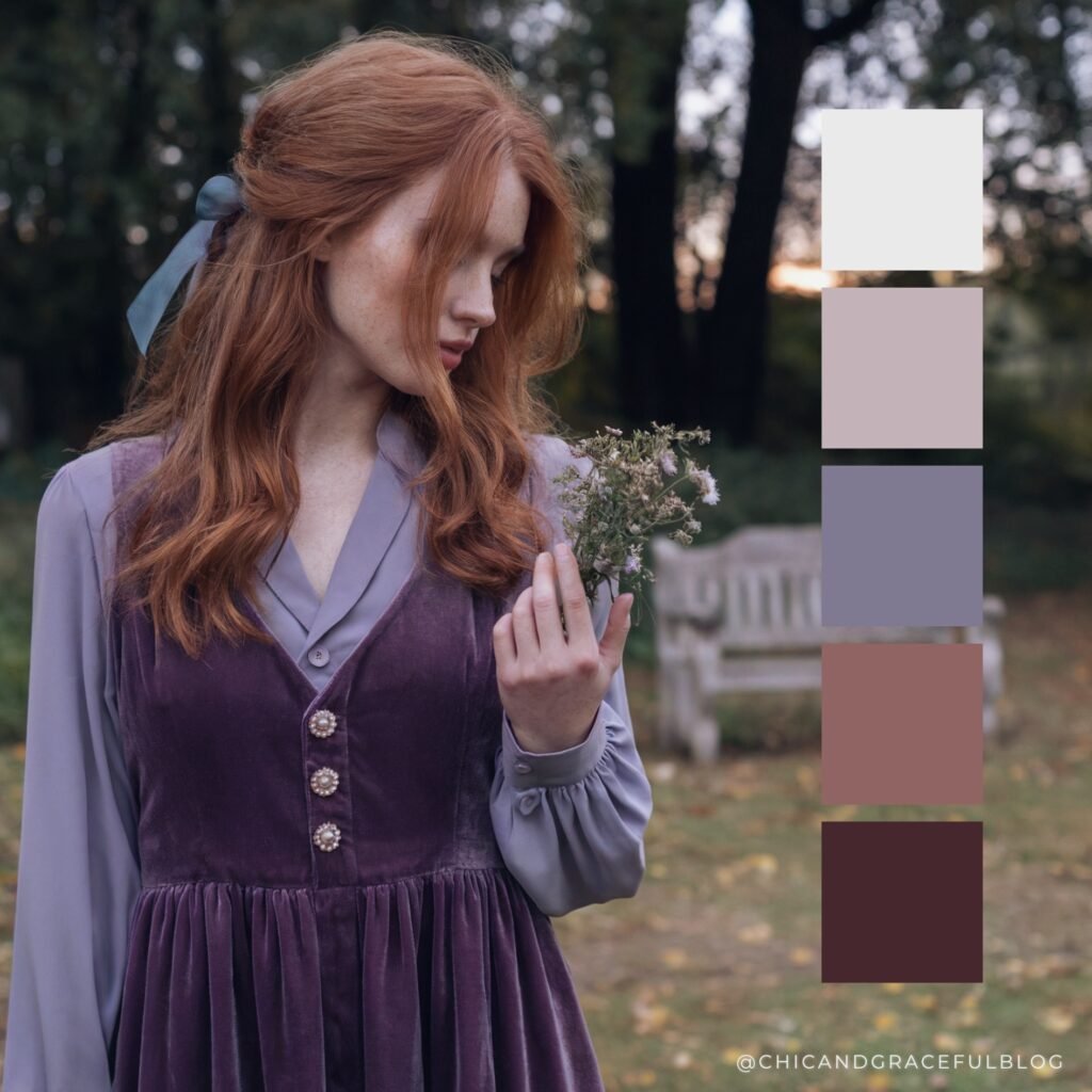 Deep plum, heather lavender, dusty blue, and pearl white color palette for cottagecore fall fashion. Soft, moody, and romantic tones for twilight styling and forest walks.