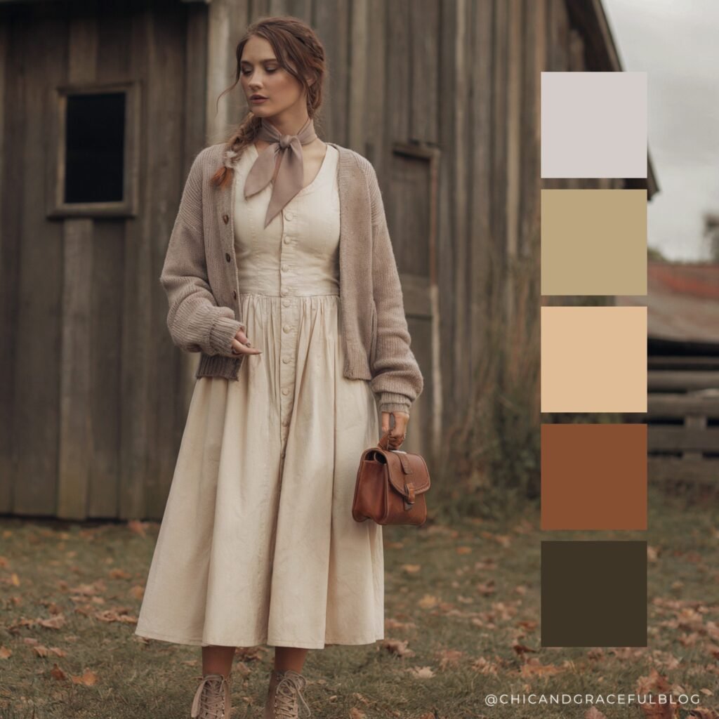 Fall palette featuring weathered gray, rustic brown, faded taupe, and warm cream. Inspired by farmhouse barnwood and cozy neutral autumn outfits