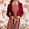 A chic cottagecore fall outfit featuring a dusty rose dress with a crisp white lace collar, paired with a deep burgundy cardigan. Styled against a whimsical illustrated background of toadstools, berries, and butterflies, this look highlights the warm and earthy tones of an autumn color palette.
