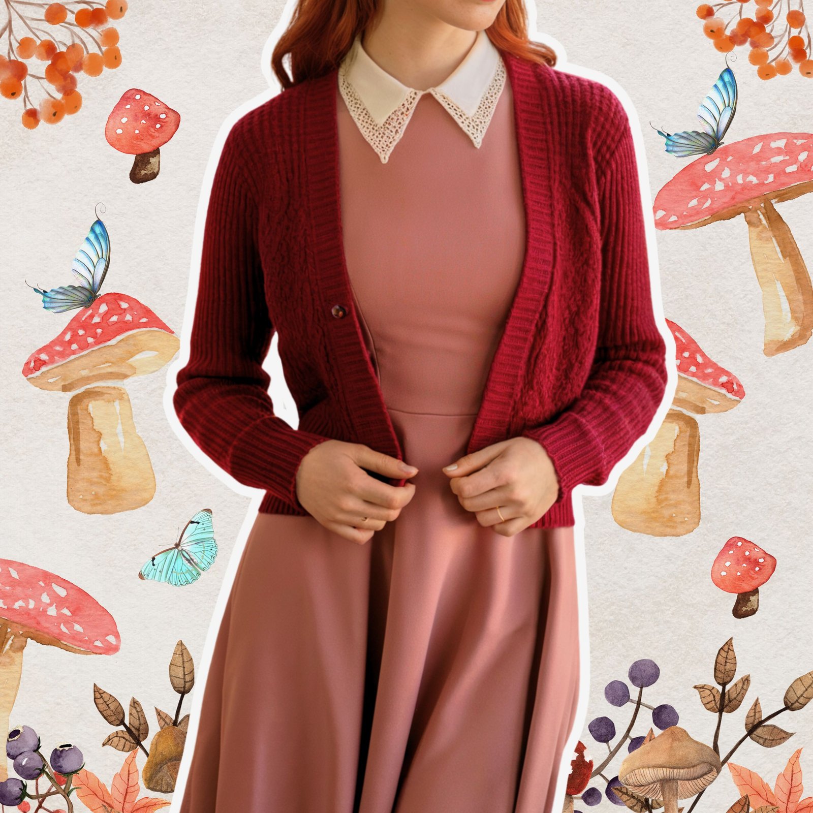 A chic cottagecore fall outfit featuring a dusty rose dress with a crisp white lace collar, paired with a deep burgundy cardigan. Styled against a whimsical illustrated background of toadstools, berries, and butterflies, this look highlights the warm and earthy tones of an autumn color palette.