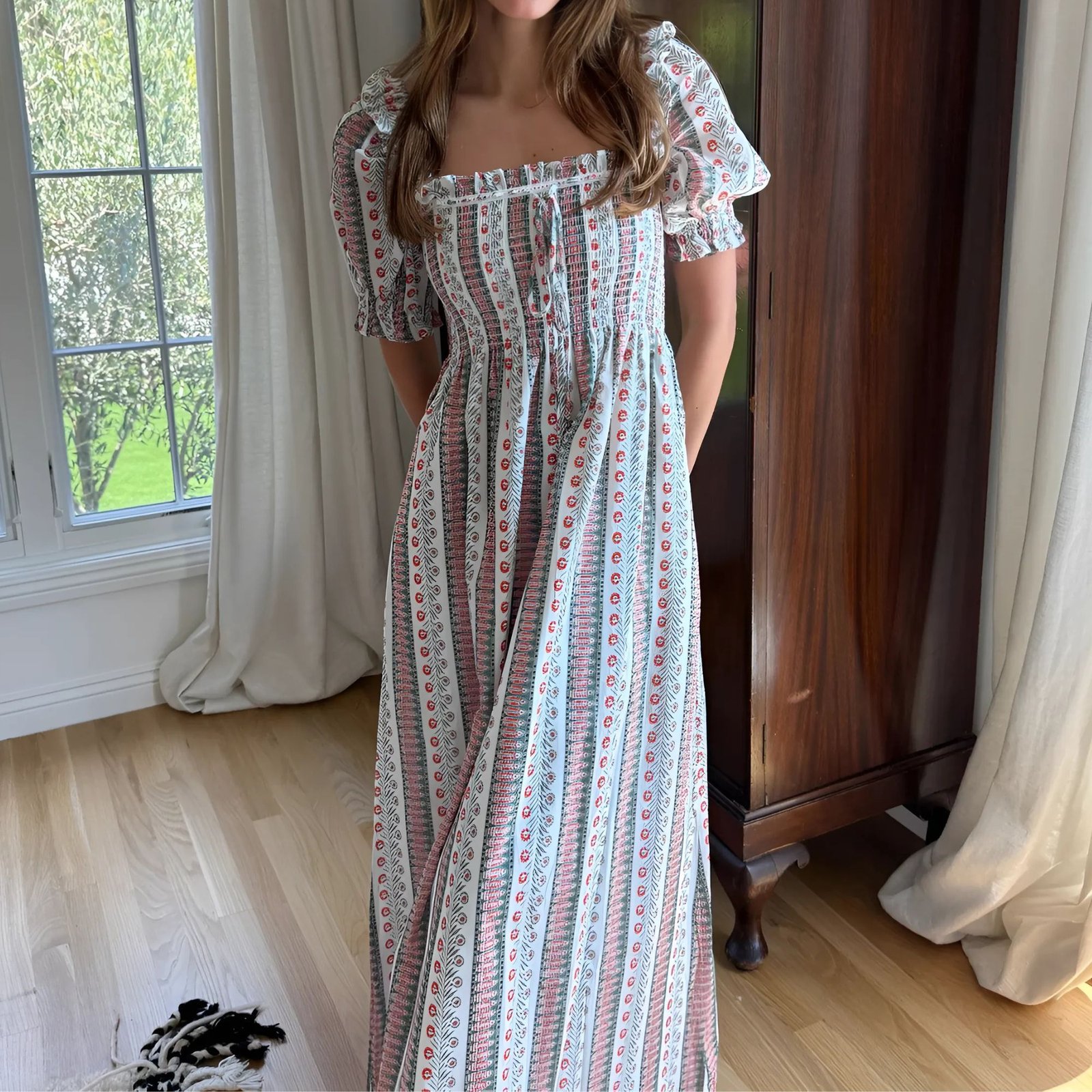 Hill House Home Nap Dress in blue floral print with puff sleeves, romantic cottagecore style