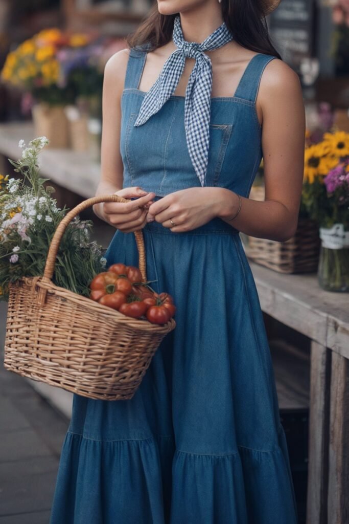 modern-cottagecore-denim-dress-gingham-scarf-aesthetic