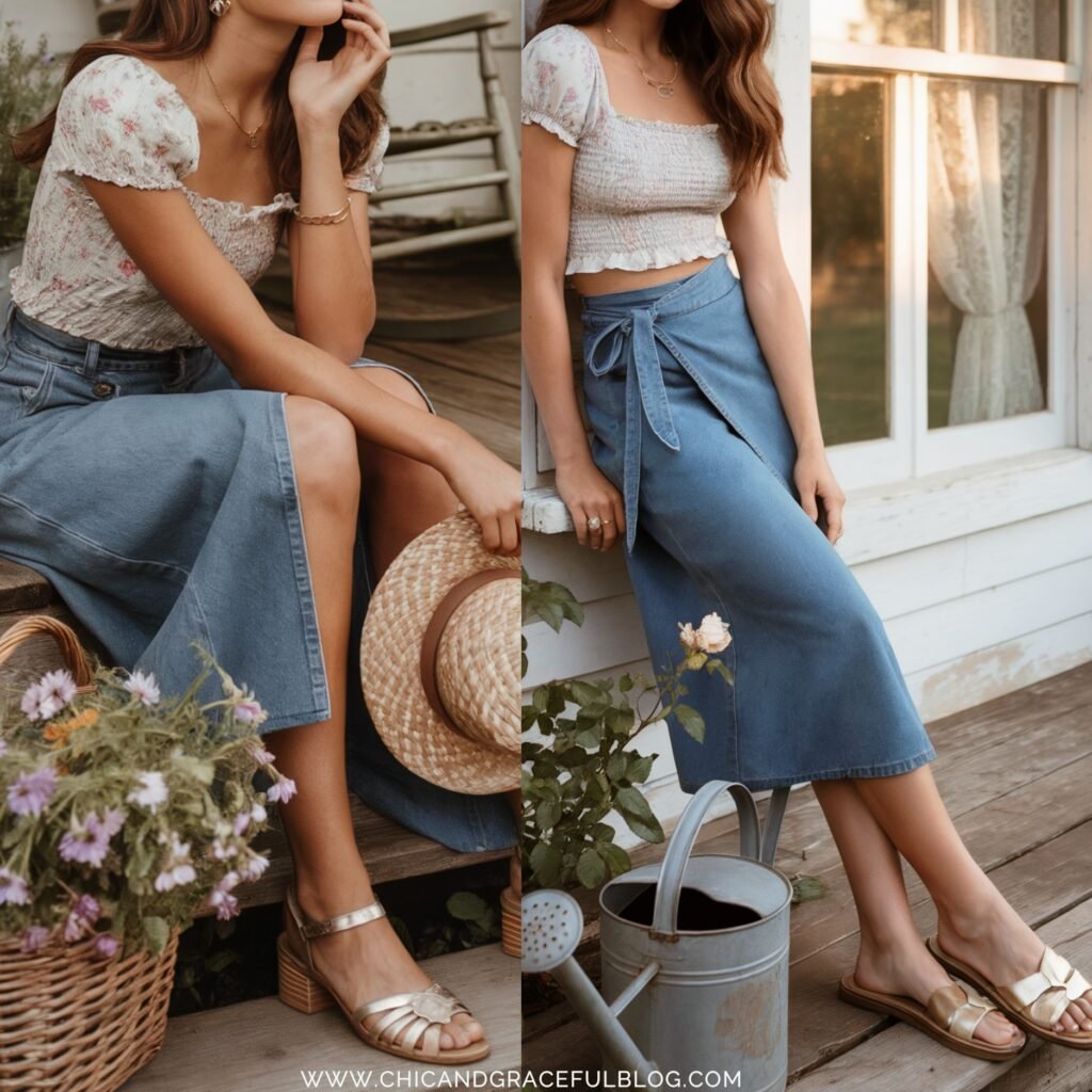 modern-cottagecore-denim-looks-to-recreate of denim midi skirts styled with floral puff sleeve tops and woven sandals, set on a farmhouse porch.