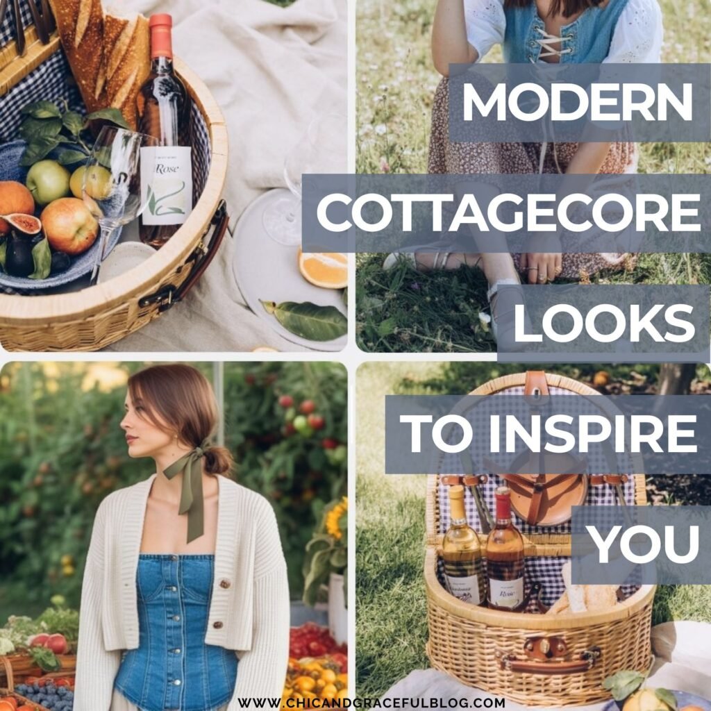 Modern Cottagecore Denim Looks Outfit Ideas You’ll Want to Recreate collage of picnic scenes and modest denim outfits featuring puff sleeves, cardigans, and woven baskets; soft aesthetic for summer fashion inspiration.