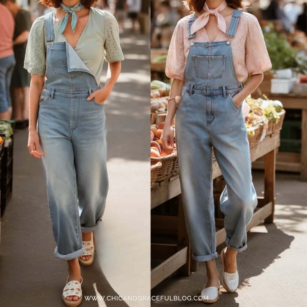 Modern cottagecore outfit with denim overalls styled with puff sleeve blouses in pastel green and blush pink
