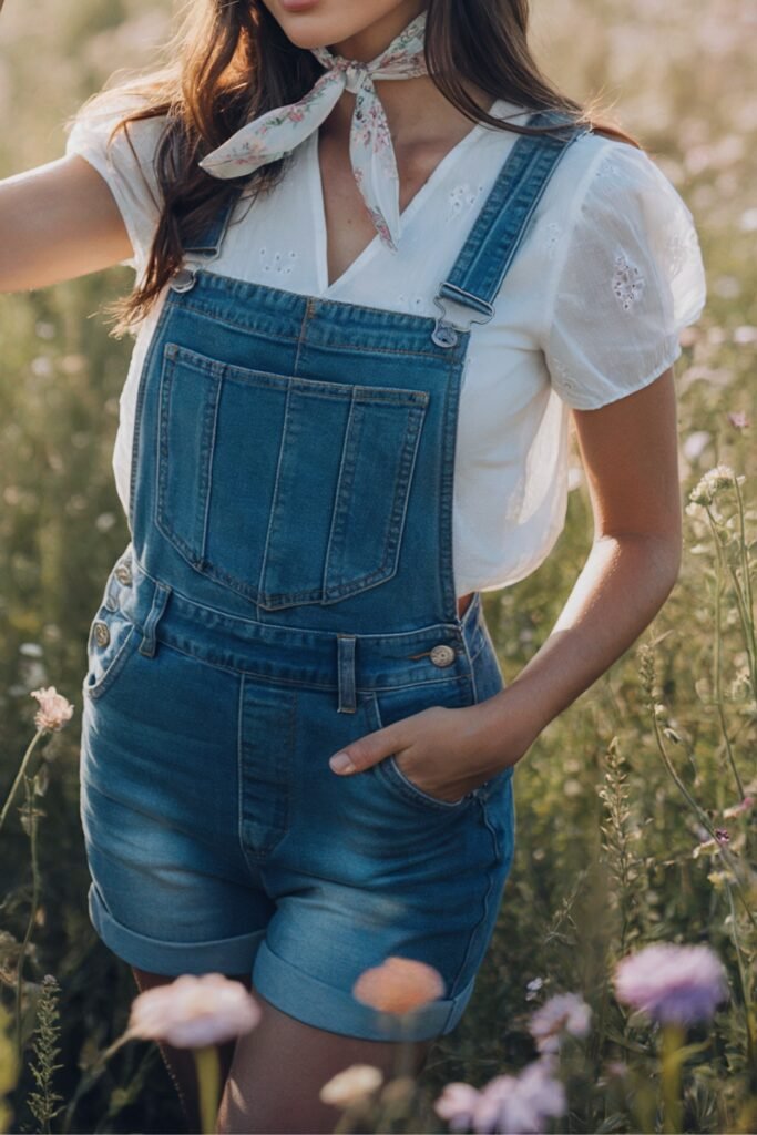 Woman wearing denim overalls with a white eyelet blouse and floral neck scarf in a wildflower field, styled in a modern cottagecore aesthetic. Perfect inspiration for chic and effortless outfit ideas.