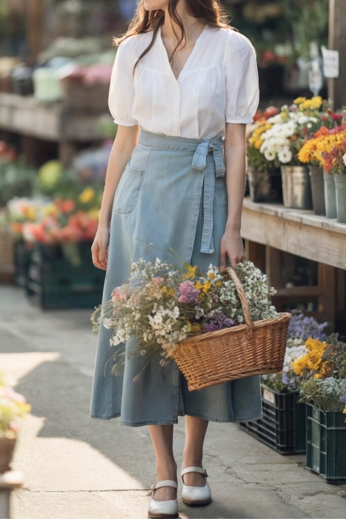 Woman in a modern cottagecore outfit featuring a light denim wrap skirt tied at the waist, puff sleeve white blouse, and Mary Jane shoes while carrying a basket of fresh flowers — a soft vintage fall aesthetic look.