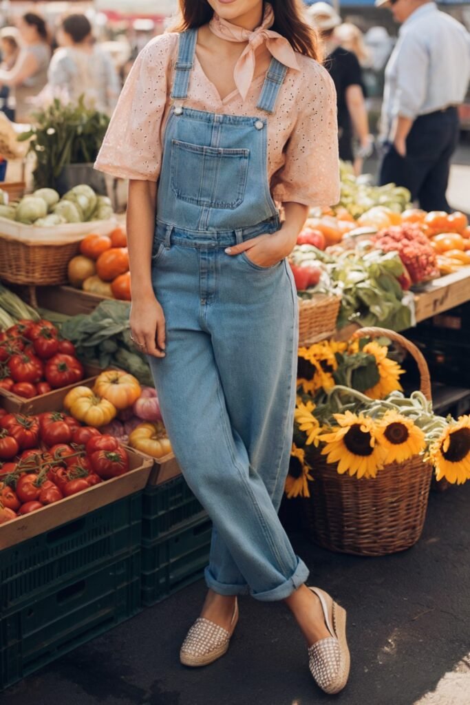 Woman wearing light denim overalls styled with a blush pink puff sleeve blouse, soft scarf, and espadrilles — a modern cottagecore outfit idea for fall farmers market strolls.