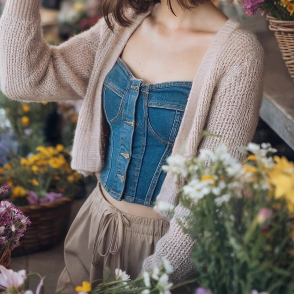 Close-up of a modern cottagecore outfit featuring a denim corset top, soft knit cardigan, and neutral skirt surrounded by flowers — blending vintage aesthetic color styling with fresh romantic charm.