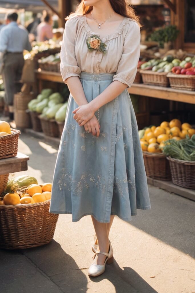 Woman in a vintage-inspired cottagecore outfit featuring a light denim embroidered skirt, puff sleeve blouse with floral detail, and Mary Jane shoes — a modern fall aesthetic look styled at the farmers market.