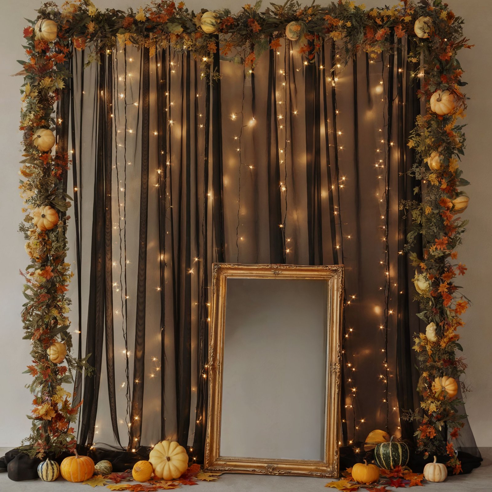 DIY Friendsgiving photo backdrop with dark drapes, string lights, pumpkins, and vintage gold mirror framed by autumn garlands
