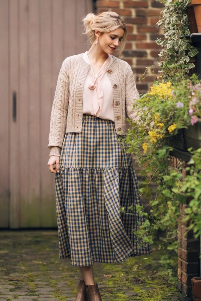 Close-up of a vintage-inspired gingham plaid dress in muted fall tones, styled with a brown belt for a polished day-to-night look.