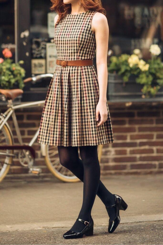 Vintage-style checkered gingham plaid dress in a fit-and-flare cut, belted at the waist and paired with black tights and black Mary Jane heels. A classic fall outfit that transitions seamlessly from office to dinner date.
