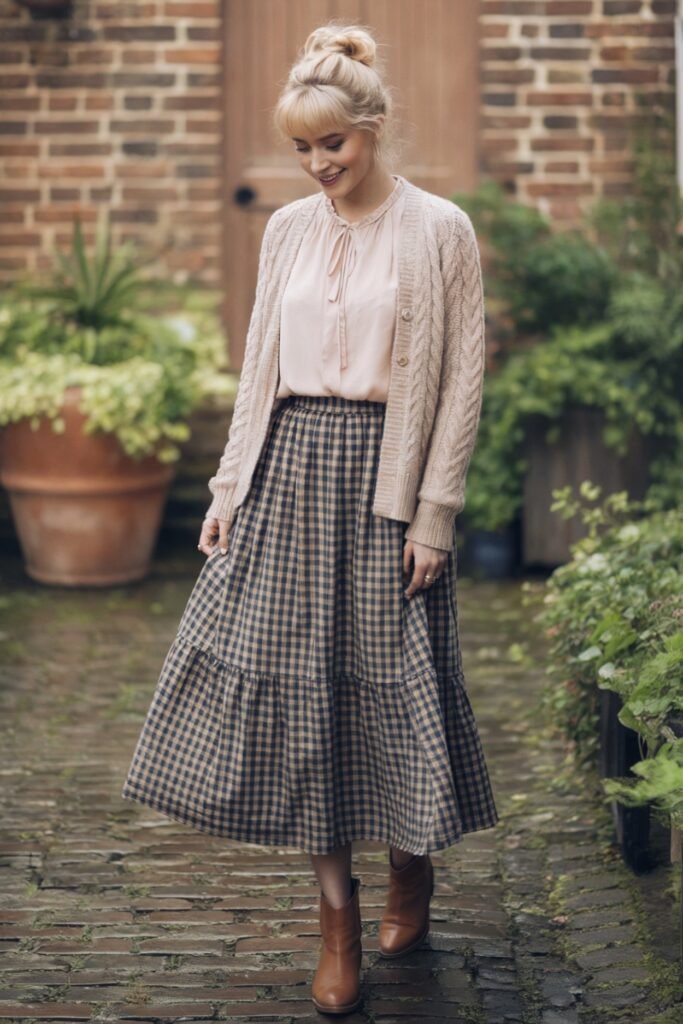 Full-length outfit featuring a checkered plaid dress with pleats, styled with a brown belt, black tights, and block-heeled Mary Janes for a timeless, feminine fall look.