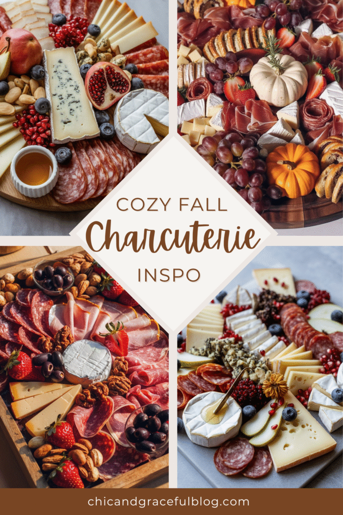 A collage of cozy fall charcuterie boards featuring assorted cheeses, fruits, meats, and seasonal decor like pumpkins, pomegranates, and honeycomb. Perfect for autumn gatherings or friendsgiving dinner parties