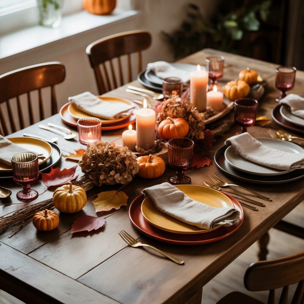 A rustic wooden dinner table decorated for fall with stacked plates in warm autumn tones, gold cutlery, neutral napkins, mini pumpkins, dried florals, and glowing pillar candles.