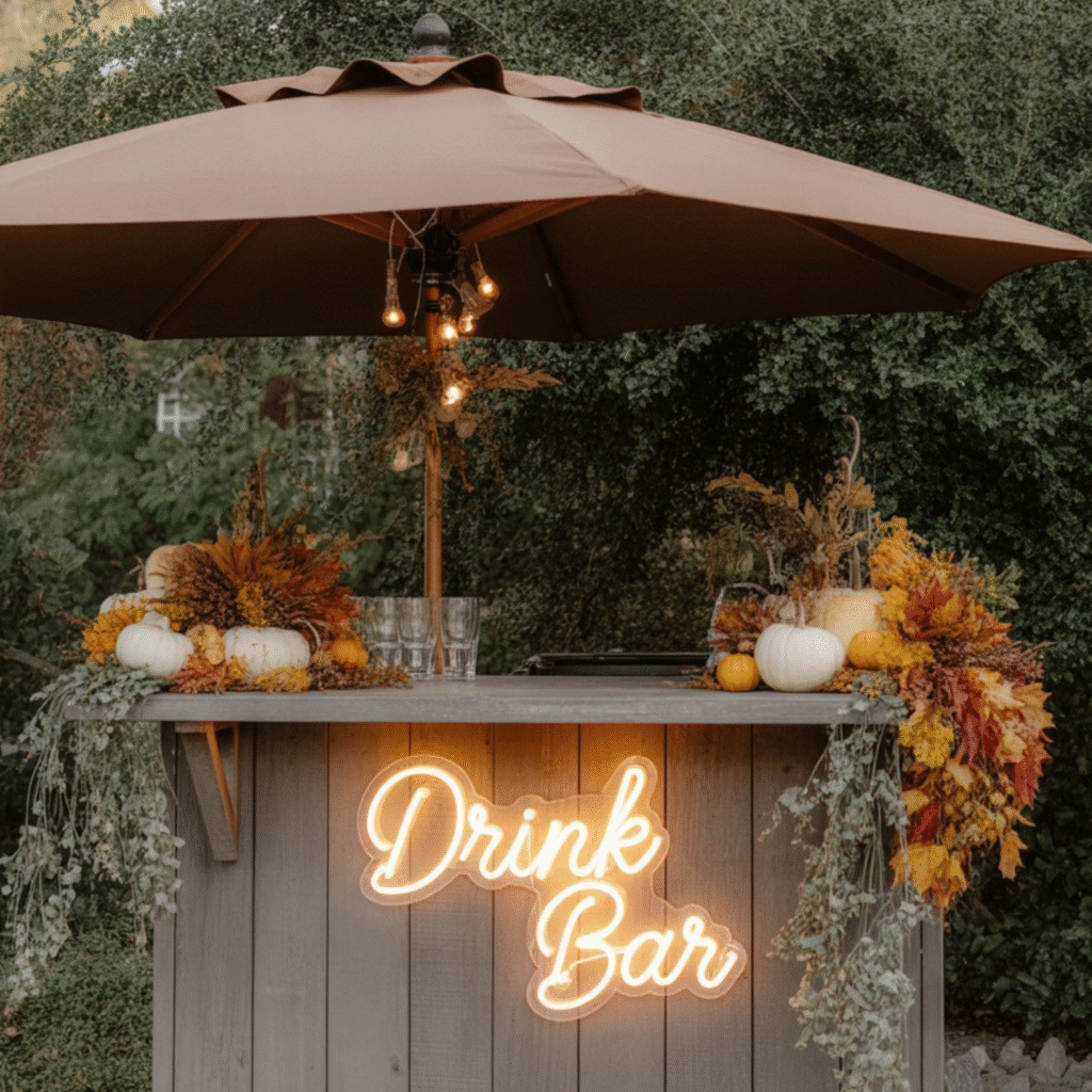 Outdoor fall drink bar with umbrella, pumpkins, autumn florals, and string lights for a cozy Friendsgiving party setup.