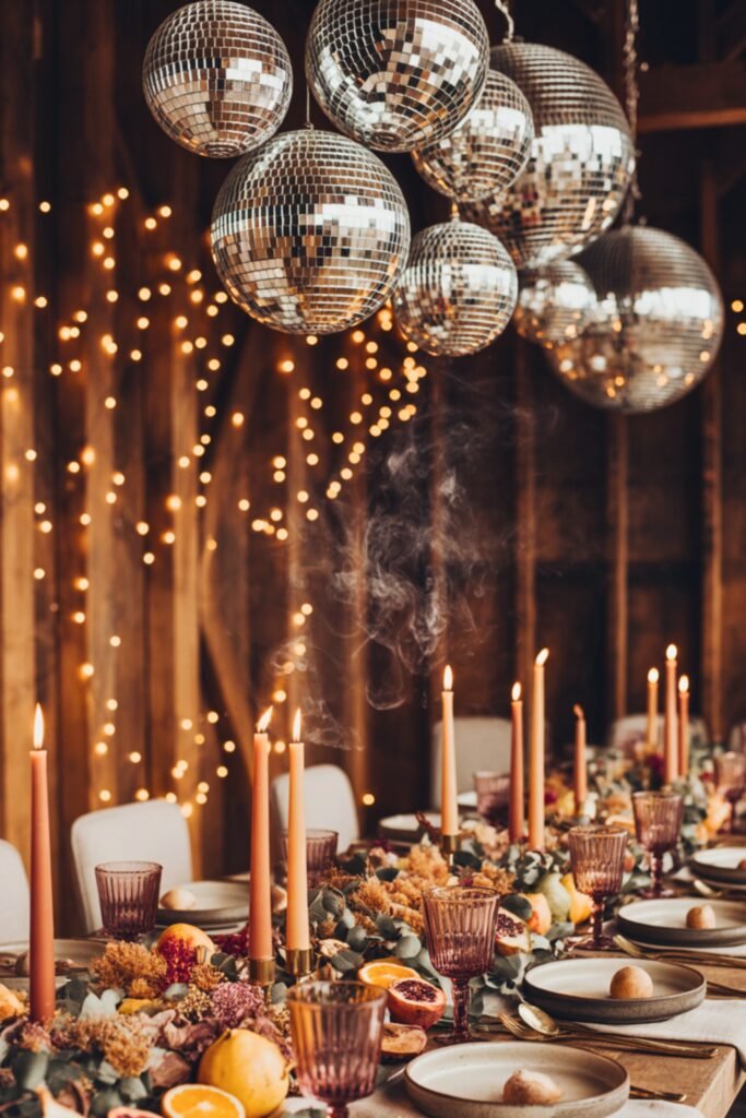 Friendsgiving dinner table under hanging disco balls, featuring tall taper candles, purple glassware, and a lush garland of citrus fruits, pomegranates, eucalyptus, and dried florals.