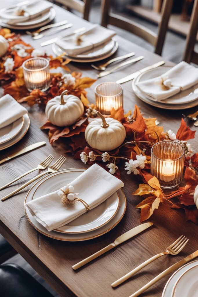 A cozy fall dinner table styled with white pumpkins, autumn leaves, gold flatware, and soft candlelight. Elegant neutral place settings with linen napkins on white and gold-rimmed plates